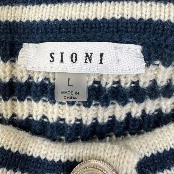 Sioni Navy and Cream Striped Knitted Nautical Casual Jacket Cardigan Size L - Picture 4 of 9